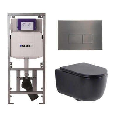QeramiQ Dely Swirl Toiletset - 36.3x51.7cm - Geberit UP320 inbouwreservoir - met Burda frame - slim zitting - gunmetal bedieningsplaat - rechthoekige knoppen - mat zwart