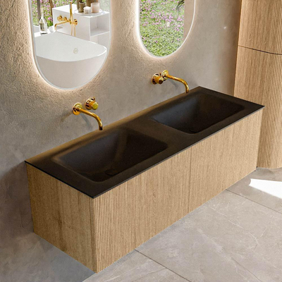 MONDIAZ KURVE 130cm badmeubel kleur Oak met 2 lades. Wastafel CLOUD dubbel zonder kraangat Urban.