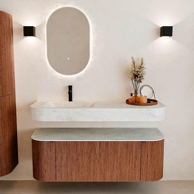 MONDIAZ THOR-DLUX 130cm meuble de salle de bains arrondi gauche + droite couleur Ruby avec 1 tiroir et 2 portes. Vasque suspendue CLOUD Gauche 1 trou de robinet couleur Opalo.