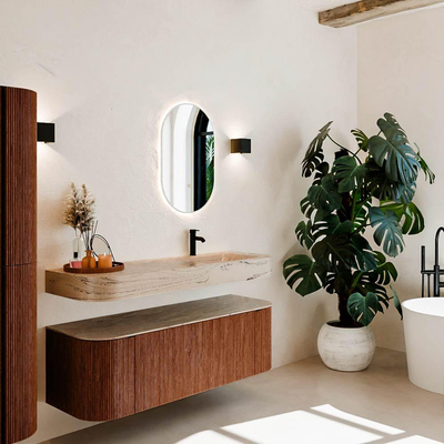 MONDIAZ THOR-DLUX 140cm meuble de salle de bains arrondi gauche + droite couleur Ruby avec 1 tiroir et 2 portes. Vasque suspendue CLOUD Droite 1 trou de robinet couleur Arena.