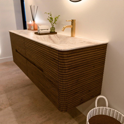Mondiaz CIRO-DLUX Badkamermeubelset - 150x45x50cm - Solid surface wastafel Frappe - 1 wasbak Rechts - 1 kraangat - 4 lades - Dusk
