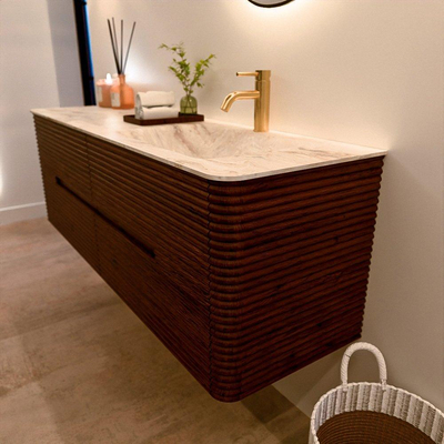 Mondiaz CIRO-DLUX Badkamermeubelset - 150x45x50cm - Solid surface wastafel Frappe - 1 wasbak Rechts - 1 kraangat - 4 lades - Ruby