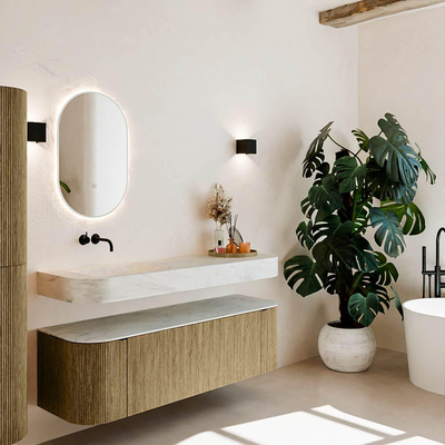 MONDIAZ THOR-DLUX 150cm meuble de salle de bains arrondi gauche + droite couleur Dusk avec 1 tiroir et 2 portes. Vasque suspendue CLOUD Gauche sans trou de robinet couleur Opalo.