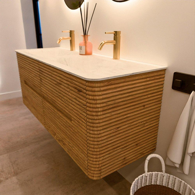 Mondiaz CIRO-DLUX Badkamermeubelset - 130x45x50cm - Solid surface wastafel Opalo - 2 wasbak Dubbel - 2 kraangaten - 4 lades - Oak