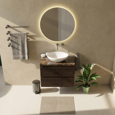Saniclass Holz Atelier Ensemble de meubles de salle de bains - 80x45x63cm - Plan de travail en pierre naturelle Noche Dark Emperador - sans trou de robinet - 2 tiroirs - chêne charcoal mat (bois)