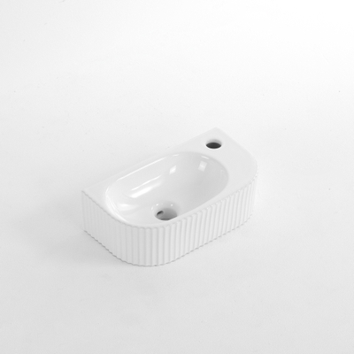 Fugaflow Eccelente Pietra Fontein - 40x22x12cm - Rechts - Geribbeld - halfrond - 1 kraangat - Keramiek - Wit Glans