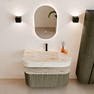 MONDIAZ THOR-DLUX Meuble de salle de bains - 100cm - arrondi gauche + droite - couleur Shadow - 1 tiroir - 2 portes - Vasque suspendue CLOUD Centre 1 trou de robinet couleur Nata