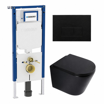 QeramiQ Dely Toiletset - 36.3x51.7cm - diepspoel - rimless - Geberit UP720 inbouwreservoir - softclose toilet zitting - 35mm - kunstof mat zwarte bedieningsplaat - rechthoekige knoppen - mat zwart