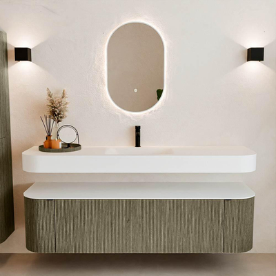 MONDIAZ THOR 170cm meuble de salle de bains arrondi gauche + droite couleur Shadow avec 1 tiroir et 2 portes. Vasque suspendue CLOUD Milieu 1 trou de robinet couleur Talc.