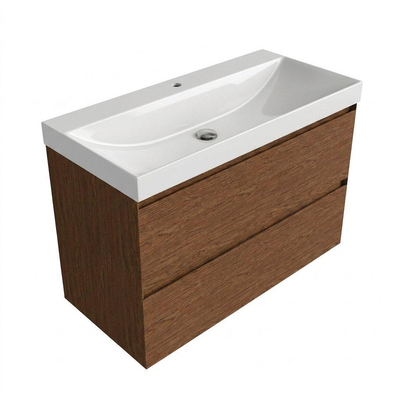 Saniclass Holz Pure Ensemble de meubles de salle de bains - 100x45x67.5cm - lavabo Wave en céramique - 1 vasque - 1 trou de robinetterie - 2 tiroirs - walnut pure mat (bois)