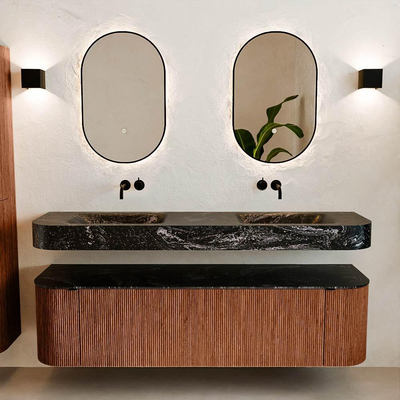 MONDIAZ THOR-DLUX 170cm meuble de salle de bains arrondi gauche + droite couleur Ruby avec 1 tiroir et 2 portes. Vasque suspendue CLOUD Double sans trou de robinet couleur Lava.