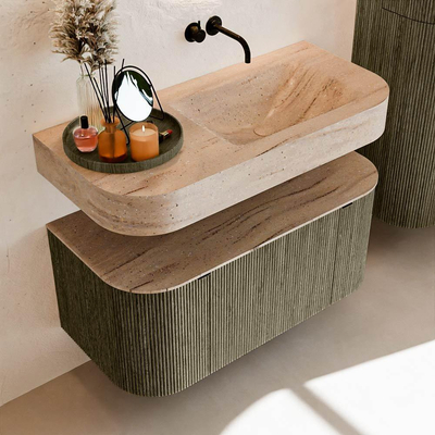 MONDIAZ THOR-DLUX Meuble de salle de bains - 100cm - arrondi gauche + droite - couleur Shadow - 1 tiroir - 2 portes - Vasque suspendue CLOUD droite sans trou de robinet - couleur Saba