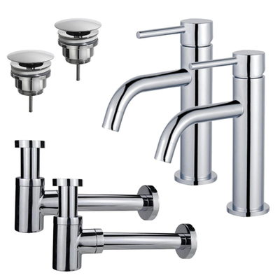 Fortifura Calvi Kit robinet lavabo - pour double vasque - robinet bas - bonde non-obturable - siphon design bas - Chrome brillant