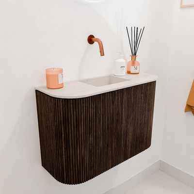 Mondiaz JOYA-DLUX 63.2cm toiletmeubel - ronding links en rechts kleur Walnut - Wastafel FAYE positie Midden Zonder kraangat kleur Meli.