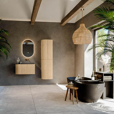 MONDIAZ KURVE-DLUX Meuble de salle de bains 75 cm avec module 25 L couleur Oak avec 1 tiroir et 1 porte. Lavabo GRUNNE à droite sans trou de robinet couleur Lava.