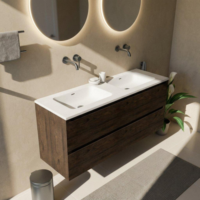 Saniclass Holz Pure Ensemble meuble de salle de bains - 140x45x77.5cm - lavabo Torino en solid surface blanc - sans trou de robinetterie - 4 tiroirs - chêne charcoal mat (bois)