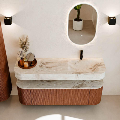 MONDIAZ THOR-DLUX 150cm meuble de salle de bains arrondi gauche + droite couleur Ruby avec 1 tiroir et 2 portes. Vasque suspendue CLOUD Droite 1 trou de robinet couleur Frappe.