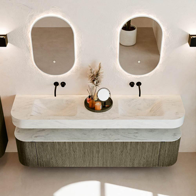 MONDIAZ THOR-DLUX 190cm meuble de salle de bains arrondi gauche + droite couleur Shadow avec 2 tiroirs et 2 portes. Vasque suspendue CLOUD Double sans trou de robinet couleur Opalo.