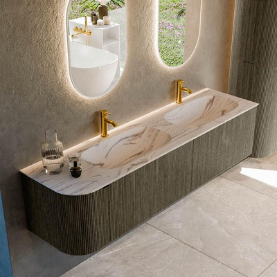 MONDIAZ KURVE-DLUX Meuble de salle de bains 175cm arrondi à gauche couleur Shadow avec 2 tiroirs et 1 porte. Lavabo STOR SMALL Double / Droite 2 trous de robinet Nata.
