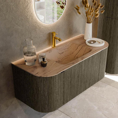 MONDIAZ KURVE-DLUX Meuble de salle de bains 110cm arrondi Gauche + Droite couleur Shadow avec 1 tiroir et 2 portes. Lavabo CLOUD Central 1 trou de robinet Arena.