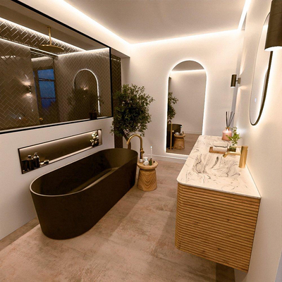 Mondiaz CIRO-DLUX Meuble de salle de bains - 170x45x50cm - Plan vasque solid surface Glace - 1 bassin à droite - 1 trou de robinet - 4 tiroirs - Chêne