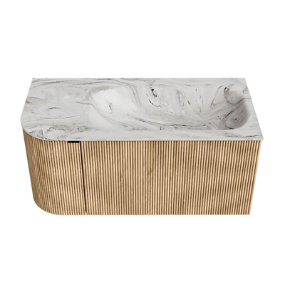 MONDIAZ KURVE-DLUX 95cm badmeubel met module 25 L kleur Oak met 1 lade en 1 deur. Wastafel BIG SMALL rechts zonder kraangat kleur Glace.