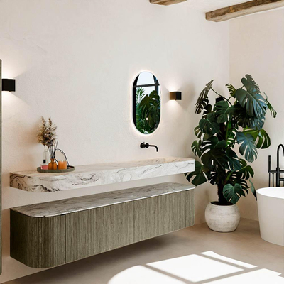 MONDIAZ THOR-DLUX 200cm meuble de salle de bains arrondi gauche + droite couleur Shadow avec 2 tiroirs et 2 portes. Vasque suspendue CLOUD Droite sans trou de robinet couleur Glace.