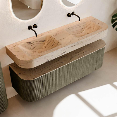 MONDIAZ THOR-DLUX 150cm meuble de salle de bains arrondi gauche + droite couleur Shadow avec 1 tiroir et 2 portes. Vasque suspendue CLOUD Double sans trou de robinet couleur Arena.