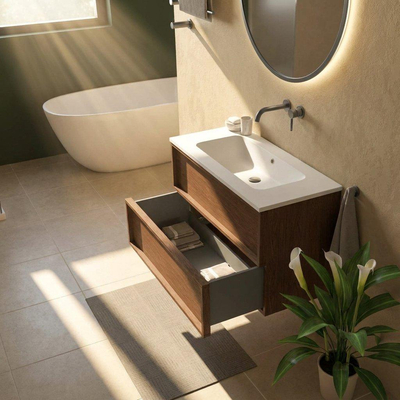 Saniclass Holz Frame Ensemble meuble de salle de bains - 100x45x77.5cm - lavabo Torino en solid surface blanc - sans trou de robinet - 2 tiroirs - noyer pure mat (bois)