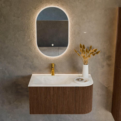 MONDIAZ KURVE-DLUX 85cm badmeubel met module 25 R kleur Walnut met 1 lade en 1 deur. Wastafel CLOUD links 1 kraangat kleur Opalo.