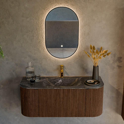 MONDIAZ KURVE-DLUX 110cm badmeubel met module 25 Len R kleur Walnut met 1 lade en 2 deuren. Wastafel CLOUD midden 1 kraangat kleur Lava.