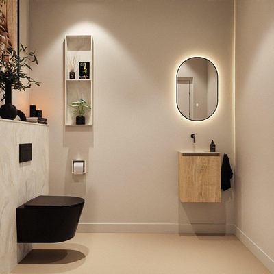 MONDIAZ TURE-DLUX Meuble toilette - 40cm - Washed Oak - EDEN - vasque Ostra - position gauche - sans trou de robinet