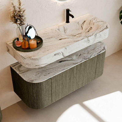 MONDIAZ THOR-DLUX 120cm meuble de salle de bains arrondi gauche + droite couleur Shadow avec 1 tiroir et 2 portes. Vasque suspendue CLOUD Droite 1 trou de robinet couleur Glace.