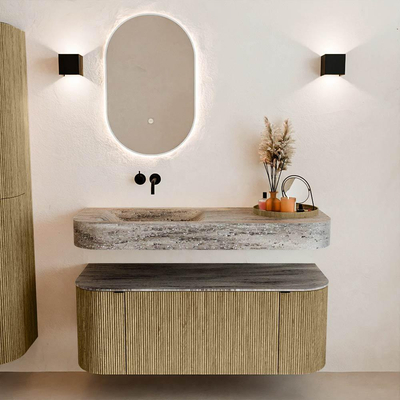 MONDIAZ THOR-DLUX 120cm meuble de salle de bains arrondi gauche + droite couleur Dusk avec 1 tiroir et 2 portes. Vasque suspendue CLOUD Gauche sans trou de robinet couleur Oza.