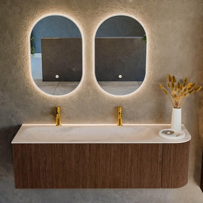 MONDIAZ KURVE-DLUX Meuble de salle de bains 145cm arrondi à droite couleur Walnut avec 1 tiroir et 1 porte. Lavabo BIG LARGE à gauche 2 trous de robinet Meli.