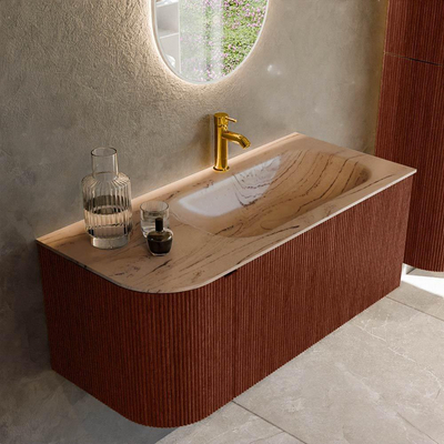 MONDIAZ KURVE-DLUX Meuble de salle de bains 105cm arrondi Gauche couleur Ruby avec 1 tiroir et 1 porte. Lavabo BIG SMALL Droite 1 trou de robinet Arena.