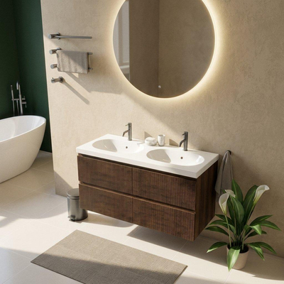 Saniclass Holz Atelier Ensemble meuble de salle de bains - 120x45x63.5cm - lavabo en céramique Palermo blanc - 2 vasques - 2 trous de robinetterie - 2 tiroirs - chêne charcoal mat (bois)