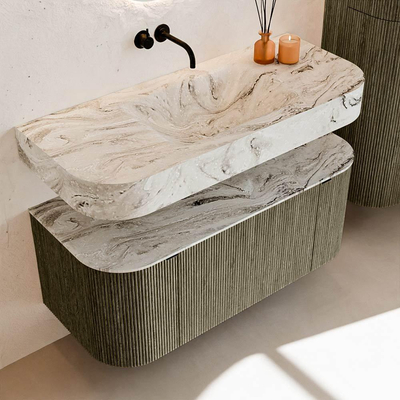 MONDIAZ THOR-DLUX 110cm meuble de salle de bains arrondi gauche + droite couleur Shadow avec 1 tiroir et 2 portes. Vasque suspendue CLOUD Milieu sans trou de robinet couleur Glace.