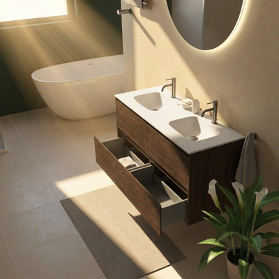 Saniclass Holz Pure Ensemble meuble de salle de bains - 120x45x61.5cm - Vasque Flow en solid surface blanc - 2 vasques - 2 trous de robinetterie - 4 tiroirs - chêne charcoal mat (bois)