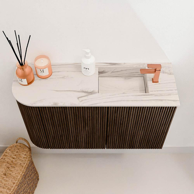 Mondiaz JOYA-DLUX 71.6cm toiletmeubel - ronding links kleur Walnut - Wastafel FAYE positie Rechts 1 kraangat kleur Nata.