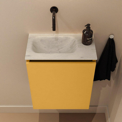 MONDIAZ TURE-DLUX meuble de toilettes 40cm Ocher. EDEN lavabo Opalo position gauche. Sans trou de robinet.
