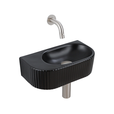 QeramiQ Fuente Ensemble de Lavabo - 40x21.5x12cm - strié - demi-rond - céramique - ensemble de robinet en acier inoxydable brossé - bouchon de vidange - siphon réduit - noir mat