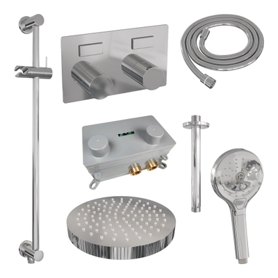 BRAUER Stripe Douche de tête thermostatique encastrée - boutons-poussoirs - SET 36 - pomme de douche 25cm - bras plafond - douchette 3 positions - flexible de douche - barre coulissante intégrée - chrome