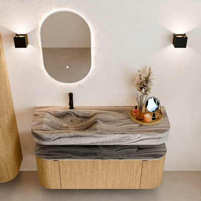 MONDIAZ THOR-DLUX 130cm badmeubel ronding links + rechts kleur Oak met 1 lade en 2 deuren. Vrijhangende wastafel CLOUD Links 1 kraangat kleur Sombra.