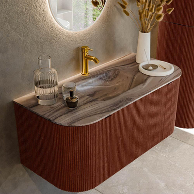 MONDIAZ KURVE-DLUX 100cm badmeubel ronding Links + Rechts kleur Ruby met 1 lade en 2 deuren. Wastafel GRUNNE Midden 1 kraangat Sombra.