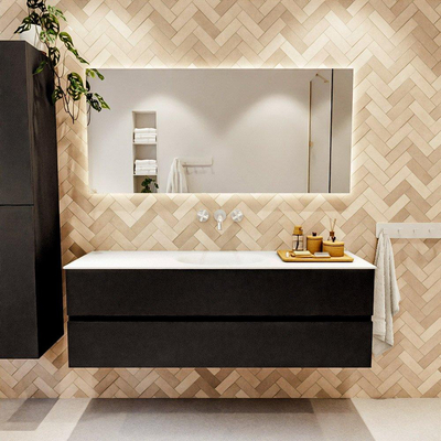 MONDIAZ VICA meuble sous lavabo 150cm Urban 2 tiroirs. Lavabo MOON central sans trou de robinet, couleur Talc.