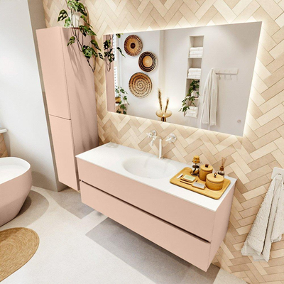 Mondiaz VICA ensemble de meuble de salle de bain - 130cm - meuble sous-vasque rosee - 2 tiroirs - lavabo moon milieu - 1 trou de robinet - version haute de 60cm - talc