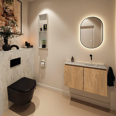 MONDIAZ TURE-DLUX Meuble toilette - 80cm - Washed Oak - EDEN - vasque Opalo - position droite - sans trou de robinet