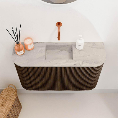 Mondiaz JOYA-DLUX Meuble de toilette 73,2cm - arrondis gauche et droite couleur Noyer - Vasque FAYE position Milieu Sans trou de robinet couleur Glace