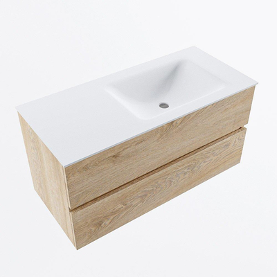 Mondiaz VICA Ensemble de meuble de salle de bain - 100cm - meuble sous-vasque chêne blanchi - 2 tiroirs - lavabo cloud droite - sans trous de robinet - version haute de 60cm - talc